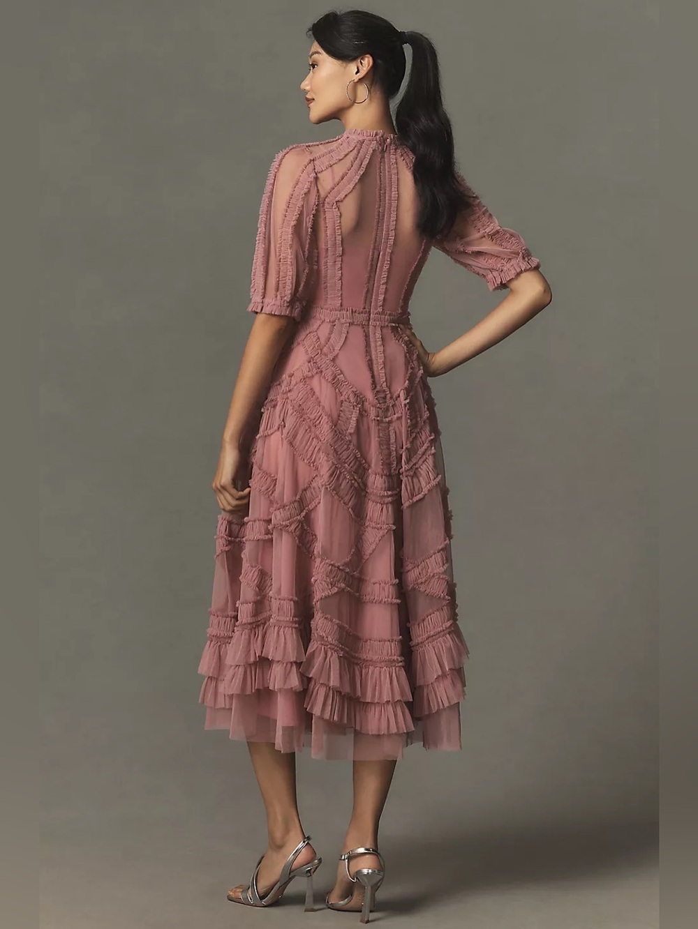 Mac Duggal High Neck A-Line Ruffle Midi Dress Antique Rose Pink Size 22 #8058 - Picture 3 of 9